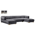 Meridian Furniture - Gwen Biscuit Tufted Velvet Upholstered 3 Piece Sectional, Gray - Settle in for family game night atop this Gwen velvet sectional that's upholstered with soft grey velvet material. This 3-piece sectional has a lot to offer, with its deep seating and extra wide design that gives you oodles of room to move around and get comfy. The tufted design of the arms, back, and seats adds to their durability and soft, welcoming touch. The sectional comes with two sets of legs in both gold and chrome to mesh nicely with other elements in your room.