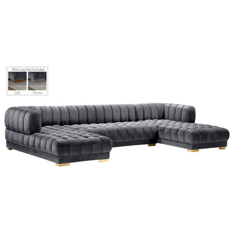 Gwen Biscuit Tufted Velvet Upholstered 3 Piece Sectional, Gray