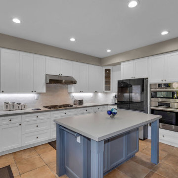 Modern Classic Kitchen with Blue Island and White Shaker Cabinets – Carlsbad