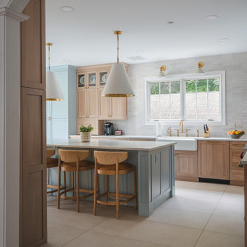 Scandinavian Kitchen with Light Oak Cabinets and Quartzite Island