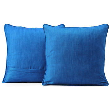 Azure Blue Designer Shantung Faux Silk Cushion Cover, Pair, 18"x18"