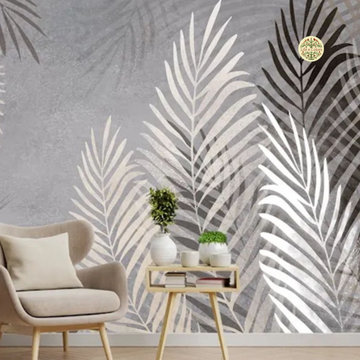 Beige and Grey Background Tropical Leaves Wallpaper