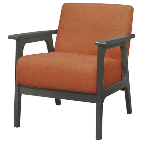 Textured Upholstered Accent Chair with Exposed Wood Frame in Gray Finish, Orange