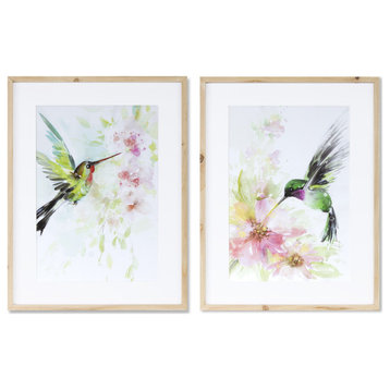 Hummingbird Watercolor, 2-Piece Set, Green/Pink
