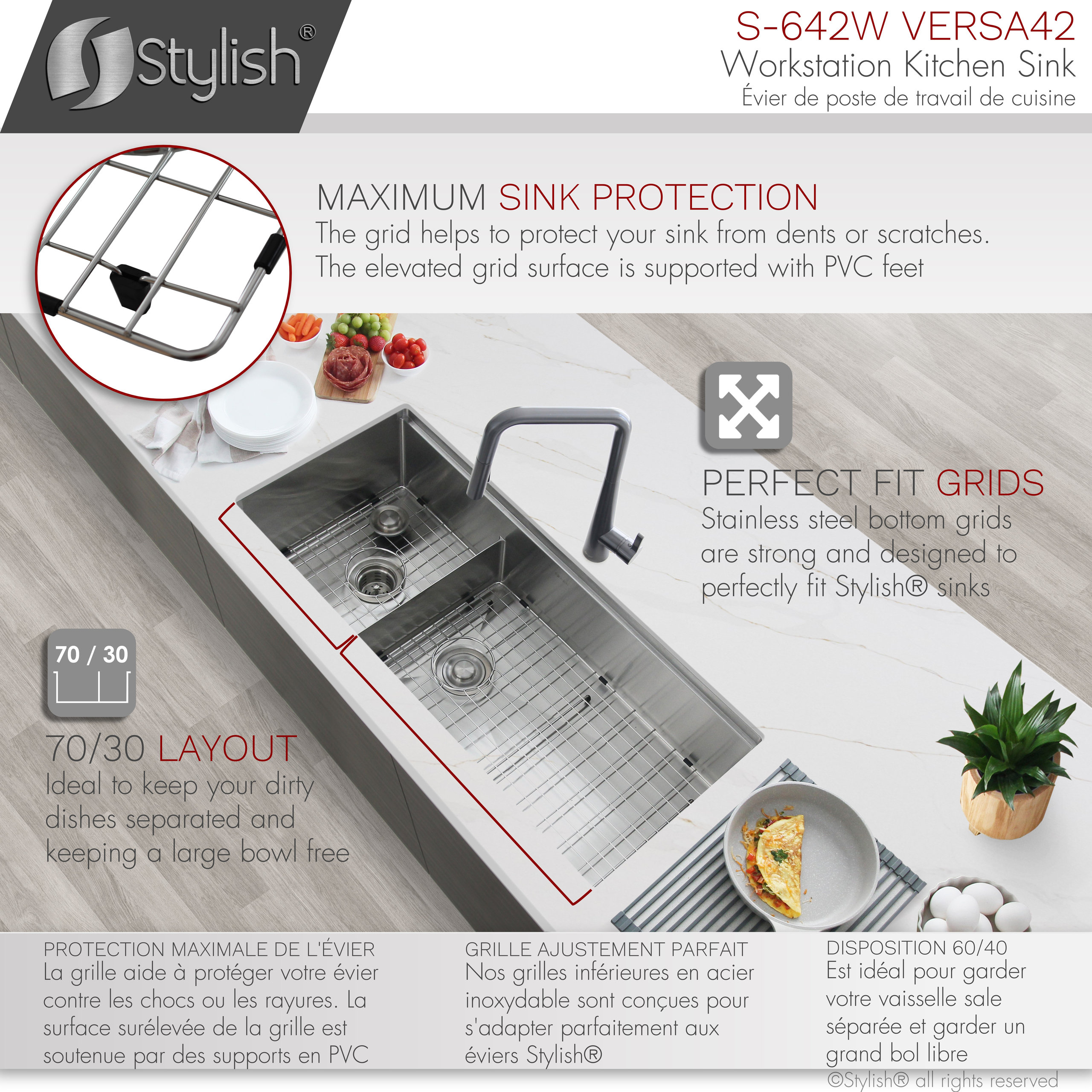STYLISH 42"x19 W" Undermount 70/30 Double Bowl 16G Workstation Kitchen Sink