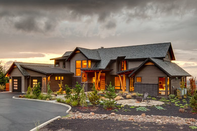 Large transitional gray two-story mixed siding exterior home photo in Other