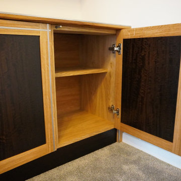 Living Room Contemporary Oak Cabinetry and Fumed Eucalyptus Shelves | Cheltenham