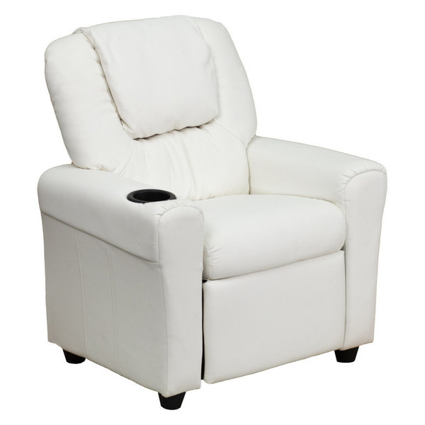 Contemporary Beige Vinyl Kids Recliner w/ Cup Holder, & Headrest, Whit