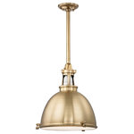 Hudson Valley Lighting - Massena 20" Pendant, Aged Brass Finish, Aged Brass, Etched Metal, Glass - Massena gives designer treatment to industrial lighting. We contrast the metal shade's smooth dome with the collar's strong details. Cutout vents cast upward light and reveal a pristine porcelain lamp socket holder. Massena's interior is fully finished in white gloss to amplify downlight, while an etched glass diffuser, secured by diamond-knurled thumbscrews, softens shadows and shield eyes from glare.