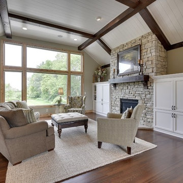 Reclaimed Wood Box Beams and Fireplace Mantel in Dark Espresso on Shiplap