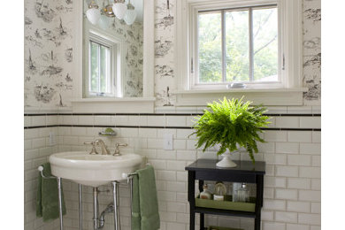 Inspiration for a mid-sized coastal white tile and subway tile marble floor and white floor bathroom remodel in Other with furniture-like cabinets, white cabinets, a console sink and marble countertops