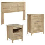 OSP Home Furnishings - Stonebrook 3 Piece Bedroom Set, Classic Walnut Finish, Canyon Oak - Create the perfect bedroom or guest room with our Stonebrook bedroom set. Suite includes: One Queen/full headboard, one USB powered nightstand, one 4-drawer chest. Deep drawers make putting even bulky folded items away easy. Chest and nightstand drawers have sturdy metal drawer glides with safety stops, elevating these dressers to a bedroom favorite for years to come. Achieve a chic, modern, aesthetic with either a blonde or deep walnut woodgrain finish that will fit in effortlessly with popular styles like Rustic Coastal, Modern Farmhouse or an eclectic Boho vibe. Assembly required. 4- Drawer Dim- 31.25" W x 17.5" D x 41.25" H, Nightstand dim- 18.5" W x 18" D x 24.75" H, Queen/Full Headboard dim- 67" w x 3" D x 48.25" H