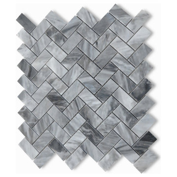 Bardiglio Gray Dark Grey Marble 1x2 Herringbone Mosaic Tile Polished, 1 sheet