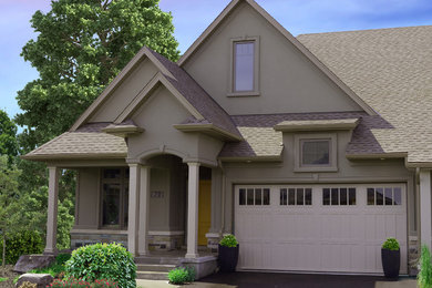 Traditional gray one-story brick exterior home idea in Other with a shingle roof