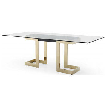 HomeRoots 87" X 39" X 30" Polished Gold Glass Stainless Steel Dining Table