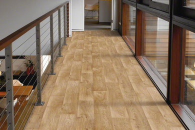 Mid-sized trendy vinyl floor and beige floor hallway photo in Other with white walls