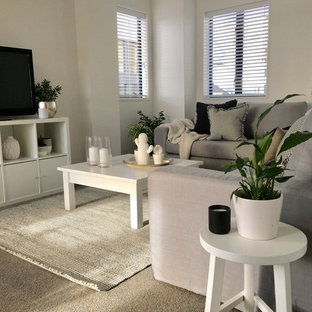 Ispirazione per un piccolo soggiorno moderno aperto con pareti bianche, moquette, nessun camino, TV autoportante e pavimento grigio