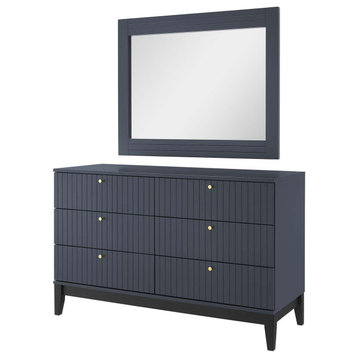 Dresser Drawer Chest Mirror Set, Blue, Wood, Modern, Mid Century Guest Suite