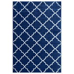 Furnishmyplace - Contemporary Trellis Morden Geometric Area Rug, Blue, 3'6"x5'6" - Floor Rug: Add a hint of eccentricity to your indoor spaces with this rectangular area rug. It is a statement addition for your bedrooms, living rooms, dining halls or enclosed patio area. Materials Used: This indoor area rug is crafted with the finest quality of polypropylene, reputed for high fade resistance. It has a latex backing that holds the rug to its position, making it suitable for spaces that receive heavy footfall. Exceptional Design: This floor carpet exhibits alluring geometric patterns, bordered with white markings over the vibrant red background. The contrasting shades of white and red add a unique pop of color to your living spaces.  Easy Maintenance: The machine-made floor rug boasts remarkable resistance against stains and spills-built ups, ensuring that the cleaning sessions remain less hectic and hassle-free.