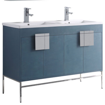 Modern Blue Bathroom Vanity Set, Chrome Hardware, Vireous China Sink Top