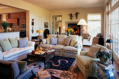 Living room - large traditional formal and open concept light wood floor living room idea in Other with white walls, a standard fireplace, a tile fireplace and no tv