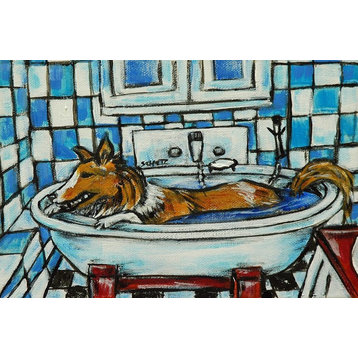 "Sheltie Bath" Painting Print on Wrapped Canvas, 45"x30"