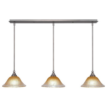 3 Light Mini Pendant In Brushed Nickel, 10" Amber Crystal Glass