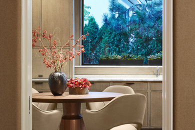 Inspiration for a 1950s medium tone wood floor and brown floor kitchen remodel in Chicago with medium tone wood cabinets, quartzite countertops, stone slab backsplash, paneled appliances and an island