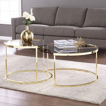 Unique Coffee Table Set, Nesting Design With Brass Metal Frame & Smoke Glass Top