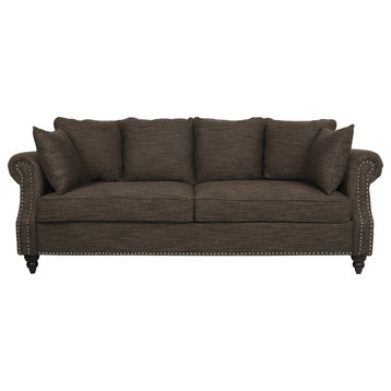 Bonny Fabric Pillowback 3-Seater Sofa With Nailhead Trim, Brown/Dark Brown
