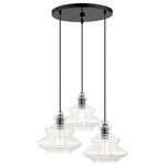 Livex Lighting Inc. - 3 Light Shiny Black Pendant Chandelier, Chrome Finish Accents - The Everett three light pendant chandelier suspends simply and will adapt well over a kitchen countertop, in the living room, foyer or a dining room. It is shown in a shiny black finish with chrome finish accents and hand blown clear art glass.