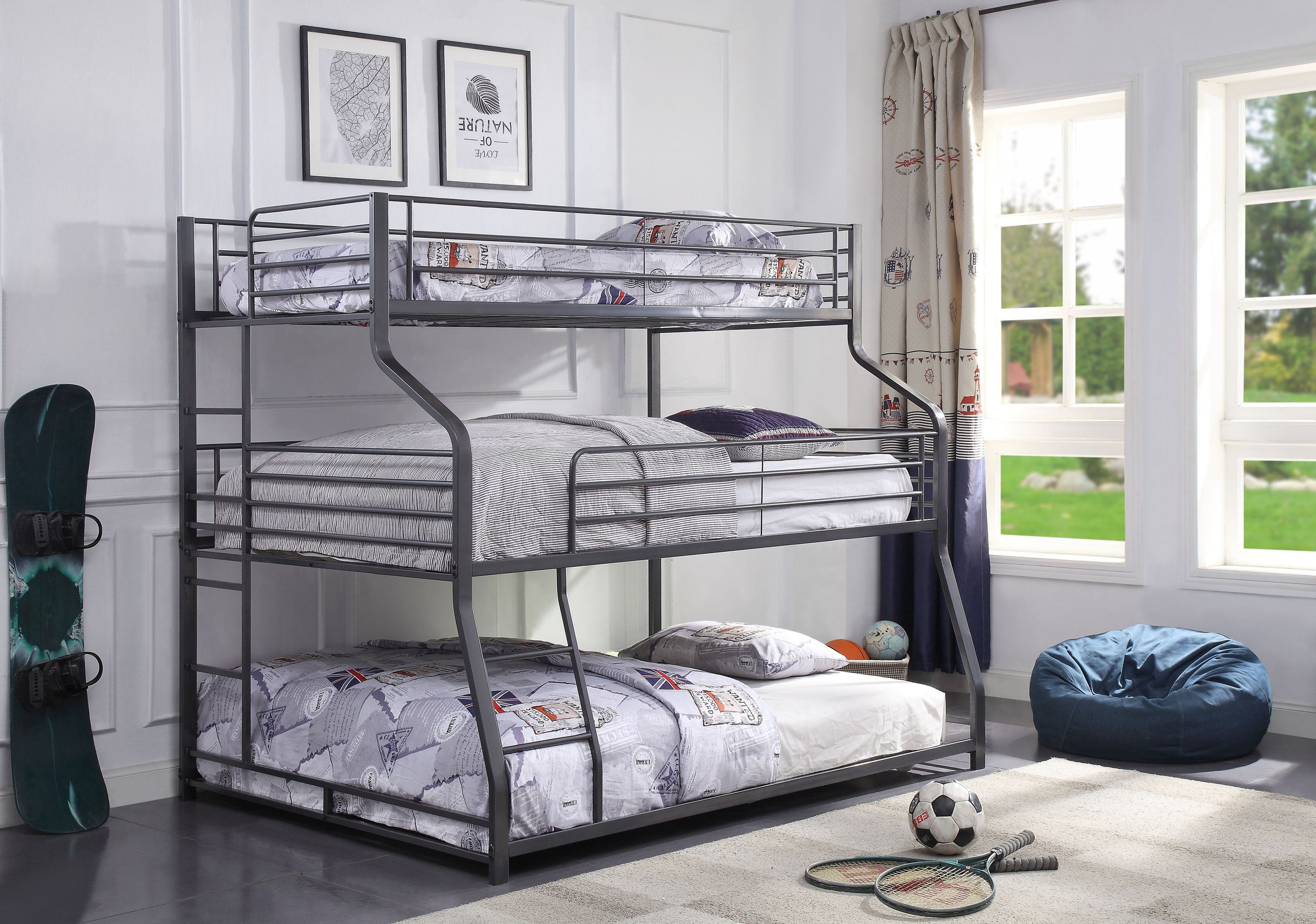 ACME Caius II Triple Bunk Bed Twin/Full/Queen, Gunmetal - Transitional