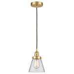 Innovations Lighting - Innovations 616-1PH-SG-G62 1-Light Mini Pendant, Satin Gold - Innovations 616-1PH-SG-G62 1-Light Mini Pendant Satin Gold. Collection: Edison. Style: Industrial, Farmhouse, Restoration-Vintage, Transitional. Metal Finish: Satin Gold. Metal Finish (Canopy/Backplate): Satin Gold. Material: Steel, Cast Brass, Glass. Dimension(in): 8(H) x 6(W) x 6(Dia). Min/Max Height (Fixture Height with Cord or Included Stems and Canopy)(in): 13/131. Wire/Cord: 10 Feet Of Black Fabric Cord. Bulb: (1)60W Medium Base,Dimmable(Not Included). Maximum Wattage Per Socket: 100. Voltage: 120. Color Temperature (Kelvin): 2200. CRI: 99. 9. Lumens: 220. Glass Shade Description: Clear Small Cone. Glass or Metal Shade Color: Clear. Shade Material: Glass. Glass Type: Transparent. Shade Shape: Cone. Shade Dimension(in): 6. 25(W) x 5. 75(H). Fitter Measurement (Glass Or Metal Shade Fitter Size): 3. 25 inch Fitter. Canopy Dimension(in): 4. 75(Dia) x 1(H). Sloped Ceiling Compatible: Yes. California Proposition 65 Warning Required: Yes. UL and ETL Certification: Damp Location.