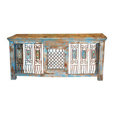 Mogul Interior - Consigned Antique TV Console Table Iron Jali Rustic Wood Farmhouse Design - Console Tables