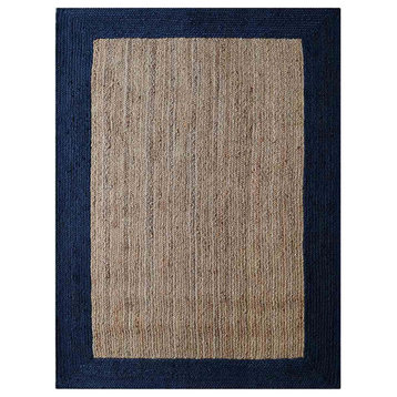 Hand Woven Jute Eco-friendly Area Rug Contemporary Beige Blue, [Rectangle] 5'x8'