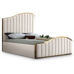 Meridian Furniture - Jolie Black Velvet King Bed, Cream, King - Transform your bedroom into a dream haven with the breathtaking Jolie cream velvet king bed. Featuring a stunning polished gold metal frame that supports cream velvet upholstery on the headboard and footboard with channel tufting for texture, this sleek bed not only commands your attention, it demands it. The wavy design of the headboard and footboard evokes a dramatic image reminiscent of a boat rolling on the waves at sea, promising to lull you to sleep and reward you with a night of pleasant dreams.