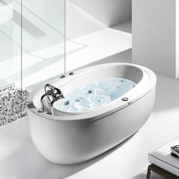 71" LED Acrylic Oval Whirlpool Water Massage Freestanding Bathtub in White