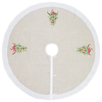 Embroidered Holly Christmas Tree Decorative Tree Skirt 53" Round, Natural+white