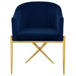 Meridian Furniture - Xavier Velvet Dining Chair, Navy, Gold Legs - Spread elegance and modernity to your dining room with this Xavier navy velvet dining chair from Meridian Furniture. This beautiful chair features a simple barrel seat with a plush cushion and back, ensuring that every meal is a comfortable one. The gold steel legs provide durable support while you sit, and an "X" leg in the back lends the chair an uber-modern vibe. Gold finishing on the base is sleek and chic, giving this chair a contemporary edge that's well at home in any modern dining room. Sleek navy velvet upholstery is durable and tough yet soft against your body, elevating meal times to a luxurious experience.