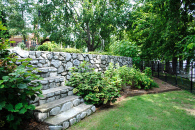 Design ideas for a transitional backyard partial sun garden for spring in Atlanta with a retaining wall.