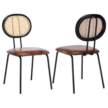 Rattan Cane Back Dining Chairs Set of 2, Yellowish Brown