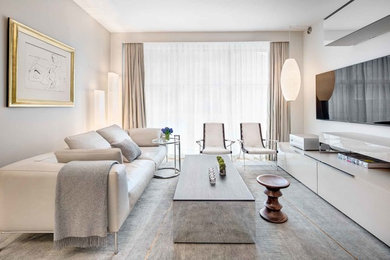 Living room - mid-sized contemporary formal and enclosed carpeted and gray floor living room idea in New York with beige walls and a wall-mounted tv