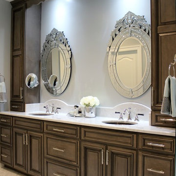 Transitional Master Bathroom w/ Gray Cabinets & White Carrera Marble Countertop