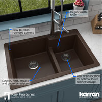 Karran 33" Top Mount Large/Small Bowl Quartz Kitchen Sink, Brown