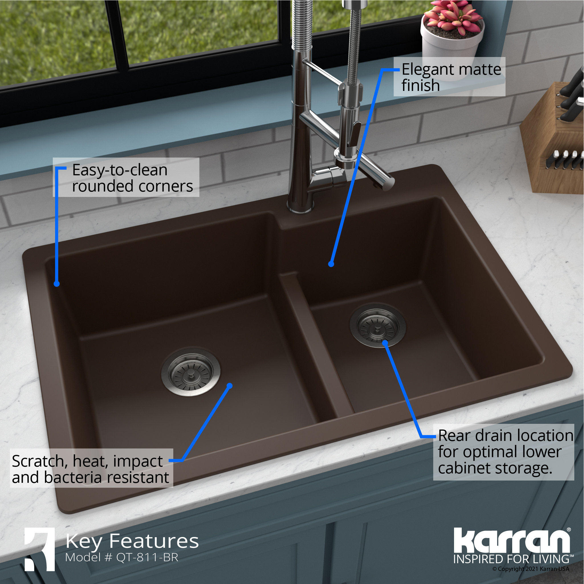 Karran 33" Top Mount Large/Small Bowl Quartz Kitchen Sink, Brown