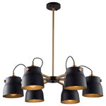 Artcraft - Artcraft Euro Industrial 6 Light 30" Chandelier, Black/Harvest Brass - The Euro Industrial collection features matte black metal shades complimented with harvest brass nobs, hardware and rods. The interior of the metal shades is plated in a reflective black. Wire comes out of socket for an industrial look. (Other chandelier sizes and wall sconce available). 6 lite chandelier shown.