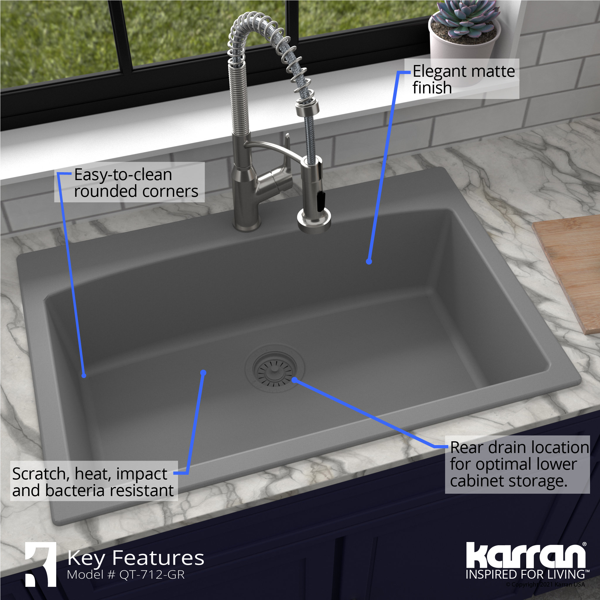Karran Drop-In Quartz Composite 33" 1-Hole Single Bowl Kitchen Sink Kit, Grey