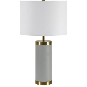 Kameron Concrete Light Gray and Antique Brass Table Lamp With Off-White Shade