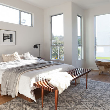 Scandinavian Modern Platform Bed, Mid Century Modern Slat Bench and Cave Chair