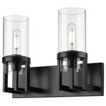 Innovations Lighting - Utopia 2 Light 8" Bath Vanity Light, Matte Black, Clear Glass - Modern and geometric design elements give the Utopia Collection a striking presence. This gorgeous fixture features a sharply squared off frame, softened by a round glass holder that secures a cylindrical glass shade.